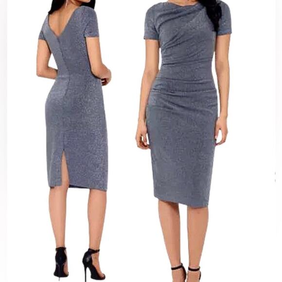 Betsy & Adam Ruched Glitter Knit Short Sleeve Sheath Cocktail Dress Size 8 NWT - Picture 1 of 11
